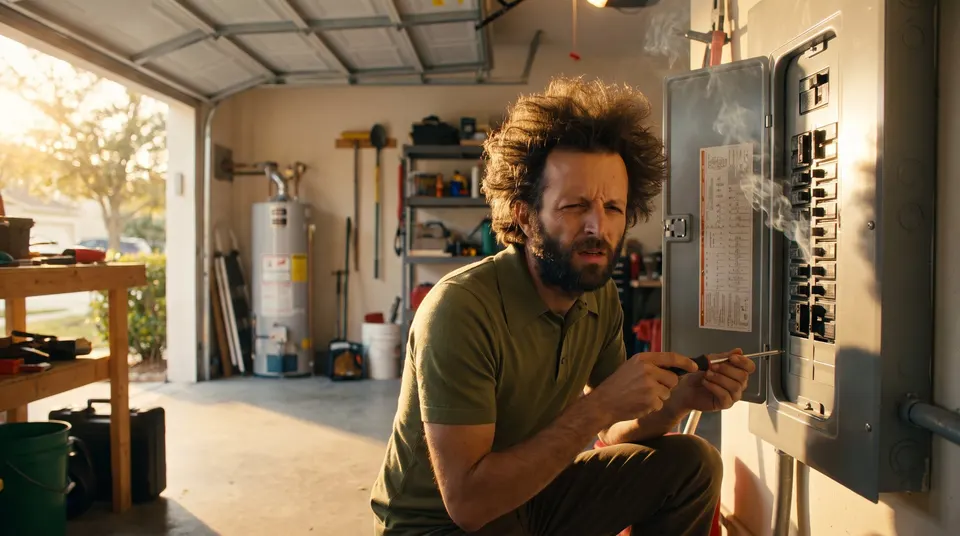 Fried Guy squints at an open breaker panel in his garage, screwdriver in hand