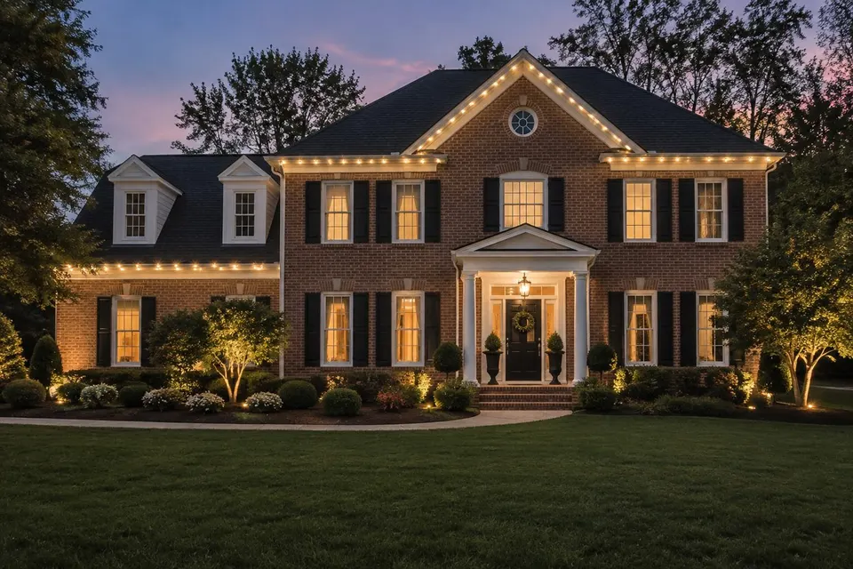 Understated warm white on a brick colonial (illustration)