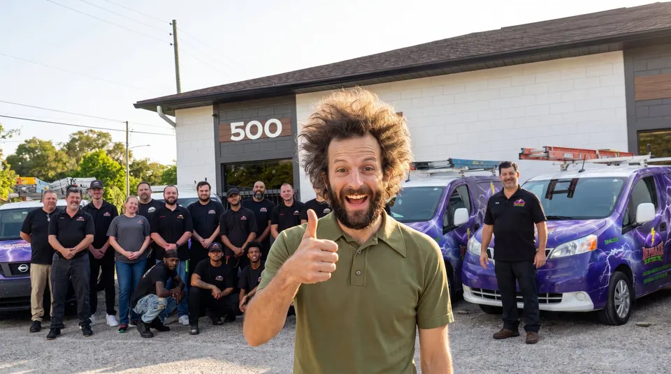 Fried Guy gives a big thumbs up in front of the In Phaze Electric shop, with the In Phaze crew and purple vans behind him