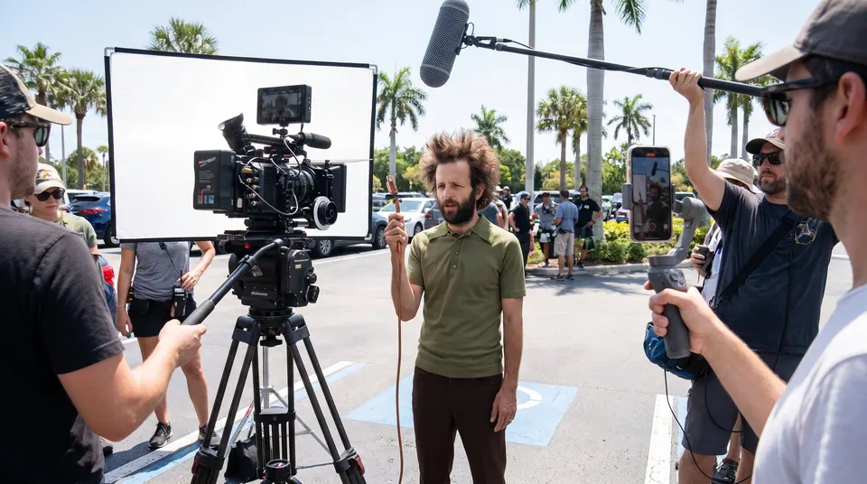 Fried Guy on set in a Florida parking lot in front of a cinema camera, boom mic and a phone on a gimbal