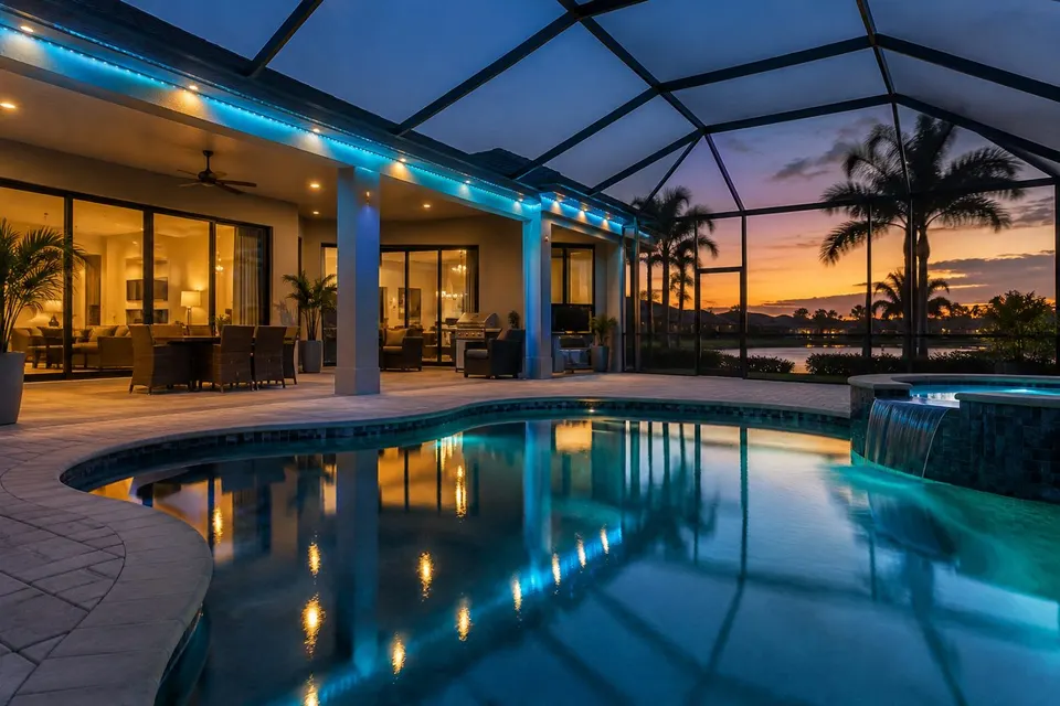 Roofline lights reflecting off the pool (illustration)