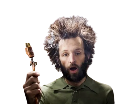 In Phaze Electric fried guy holding a scorched outlet