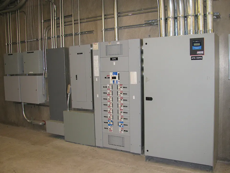 Automatic transfer switch wired beside an electrical panel