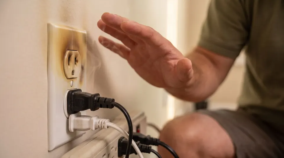 Close-up of a heat-discolored, scorched outlet with a hand pulling back from it