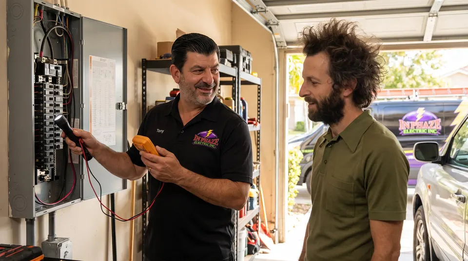 Tony from In Phaze Electric tests a breaker panel with a multimeter while Fried Guy listens