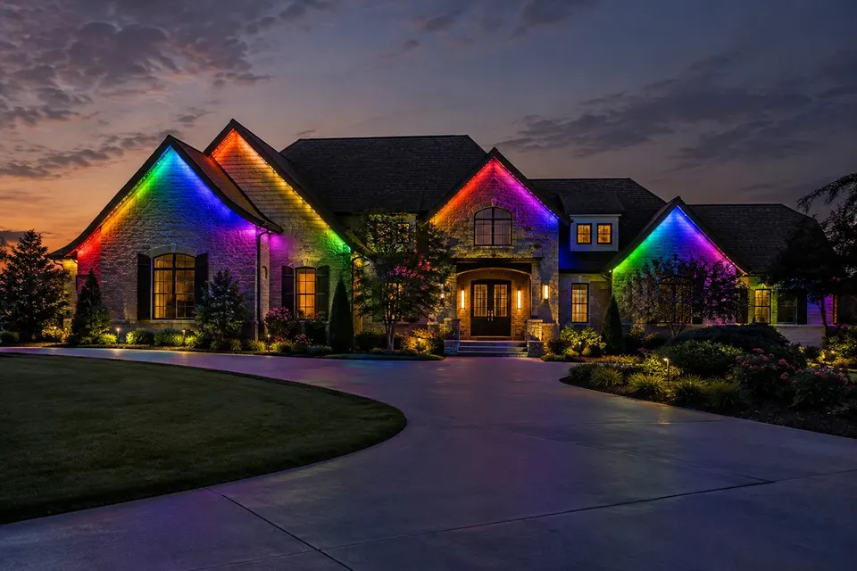 Flowing color across a large estate roofline (illustration)