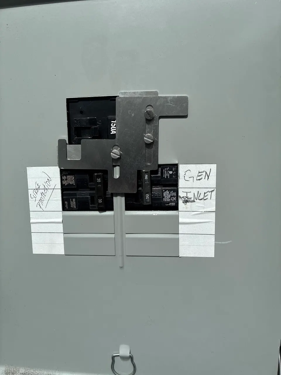Generator inlet breaker with interlock, labeled, In Phaze Electric job 20358